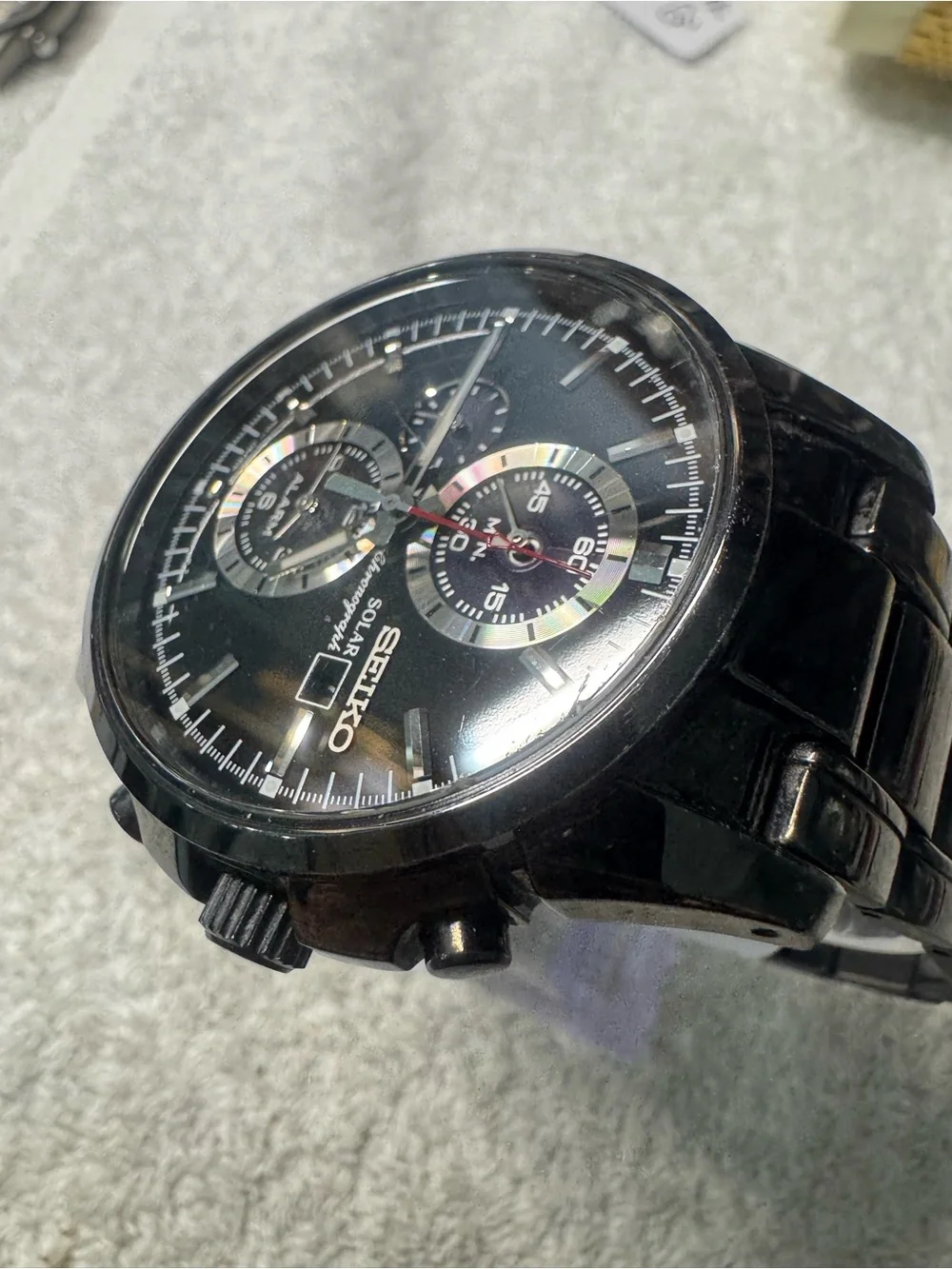 Seiko Black Dial Solar Chronograph Watch with Red Seconds Hand